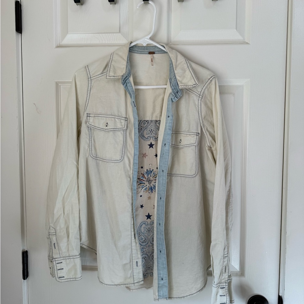Free People Cream and Blue Shirt